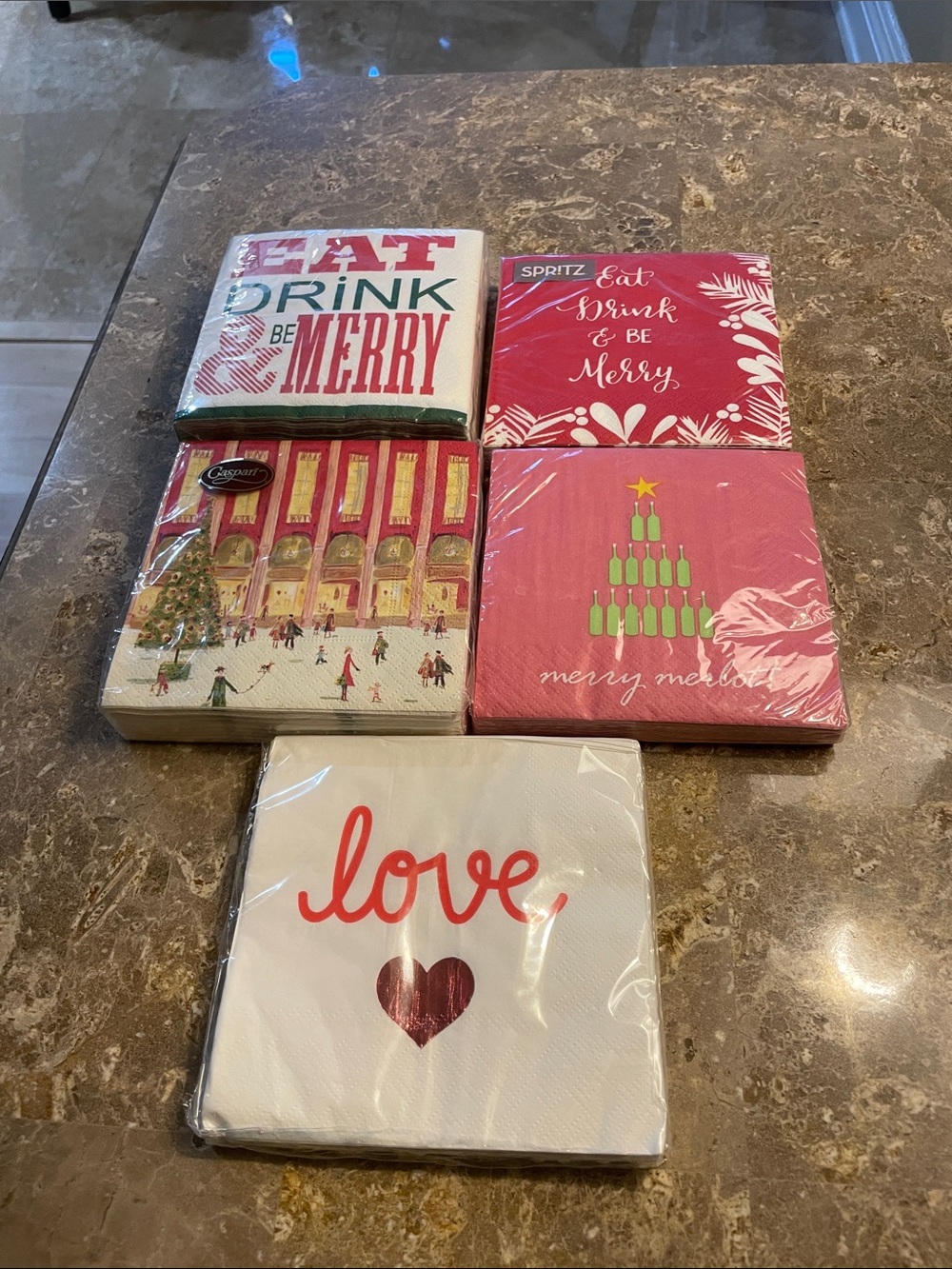 Holiday & Love Decorative Paper Beverage Napkin Set of Five (5)